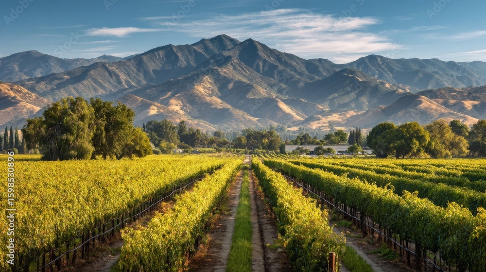 Fototapeta premium Sunlit Vineyard Rows Amidst Rolling Hills and Blue Sky