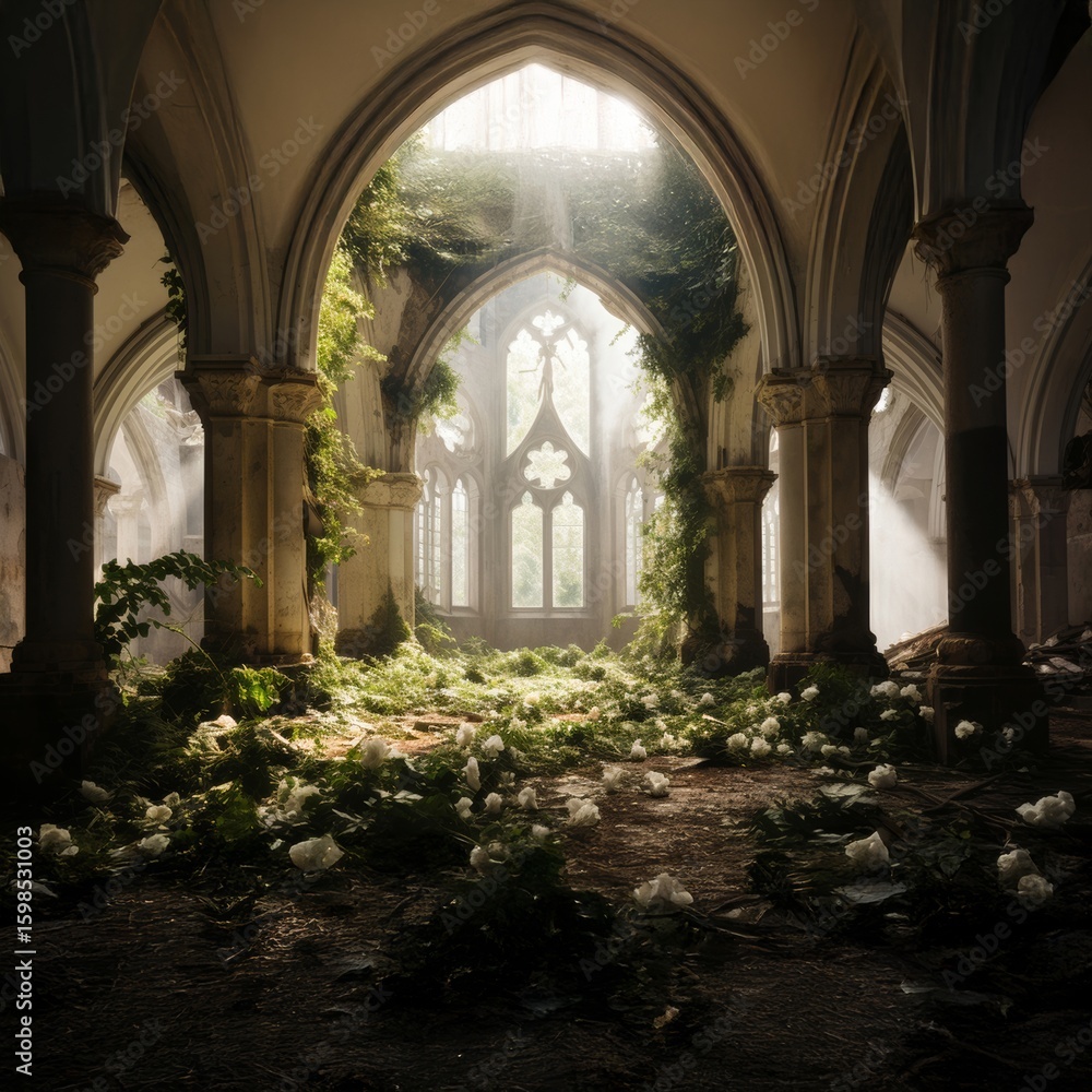 Fototapeta premium An ethereal scene inside a ruined Gothic church or cathedral, overgrown with lush green foliage and scattered white flowers, bathed in soft, mystical light from arched windows.