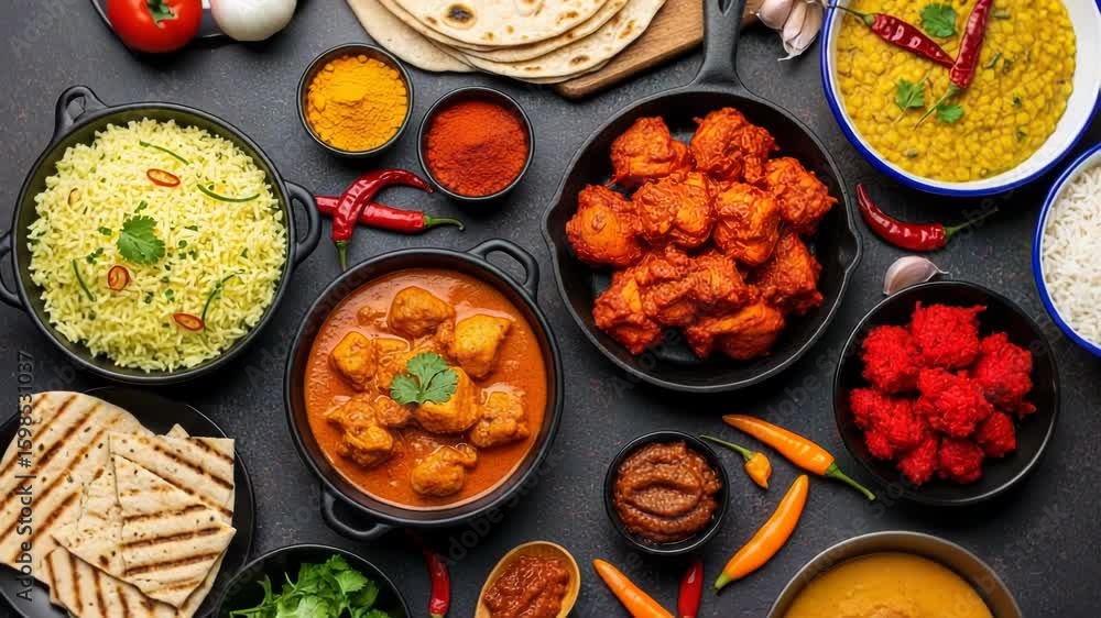 A vibrant spread of indian dishes including curry, rice, naan, and dal A vibrant spread of indian dishes including curry, rice, naan, and dal