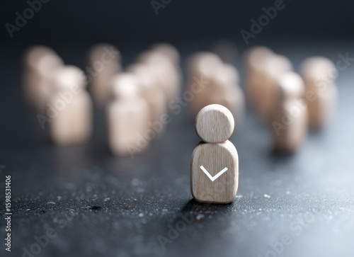 The image shows a magnifying glass concentrating on one wooden figure marked with a checkmark, distinguishing it from a group of similar figures, and implying a context of recruitment, assessment, or