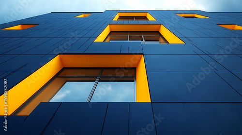 Abstract Modern Building Facade with Yellow Accents - Low Angle View