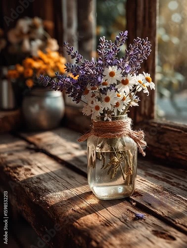 Charming Lavender and Daisy Bouquet in Rustic Glass Jar by Sunny Window