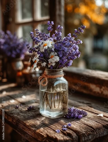 Rustic Bouquet of Lavender and Daisies in Glass Jar on Wooden Table