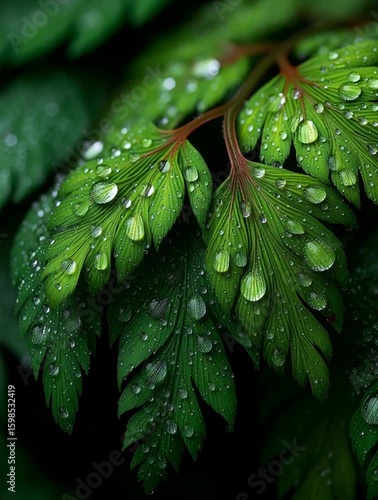 Closeup of Green Fern Leaves with Rain Droplets in Natural Light