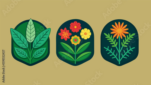 A line of embroidered patches featuring colorful herbal illustrations meant to be ironed onto clothing or bags serving as a wearable reminder of. Vector illustration