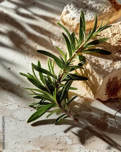 Fresh Rosemary Sprig on Rustic Stone Surface in Warm Sunlight