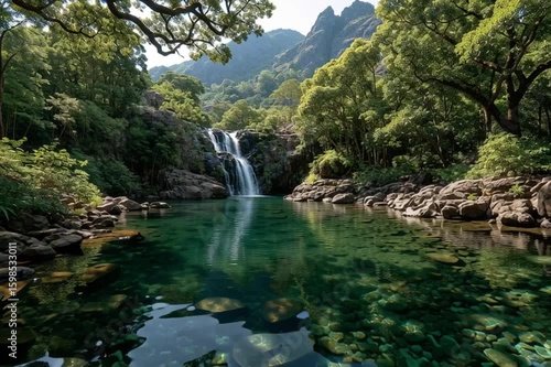 Jungle Waterfall Flowing into Crystal Clear Pool Surrounded by Lush Forest