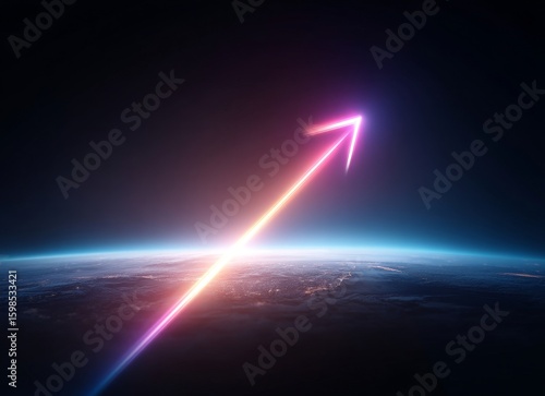 Wallpaper Mural Against a dark background, a vibrant pink and blue neon arrow is seen ascending, symbolizing the themes of growth and progress as it rises over a partially visible Earth, thereby creating a Torontodigital.ca