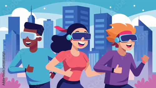 A group of friends sweat and laugh as they compete in a virtual running race through a bustling cityscape their VR headsets connecting them in their. Vector illustration