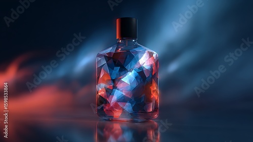 Geometric Perfume Bottle Shimmers in Blue and Red. For beauty marketing, fragrance ads, web design.