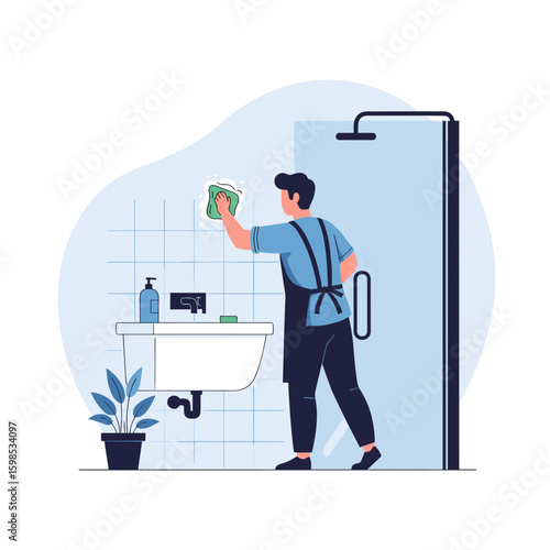 Man in a focused mood cleaning the bathroom sink in a modern shower area with copy space