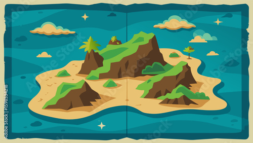 A map of a lost island with intricate topography and unique land formations drawn onto the pages of a vintageinspired art journal.. Vector illustration