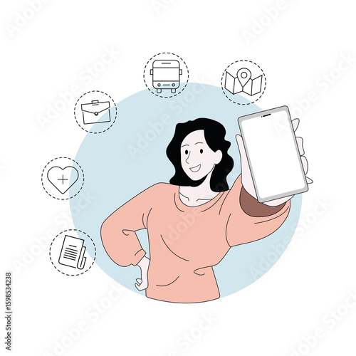 Woman with a phone in her hand and icons of life services around