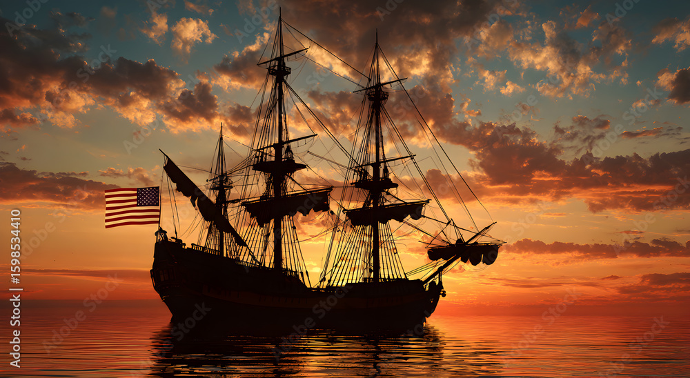 Obraz premium A large ship sails in the ocean with a flag on the side