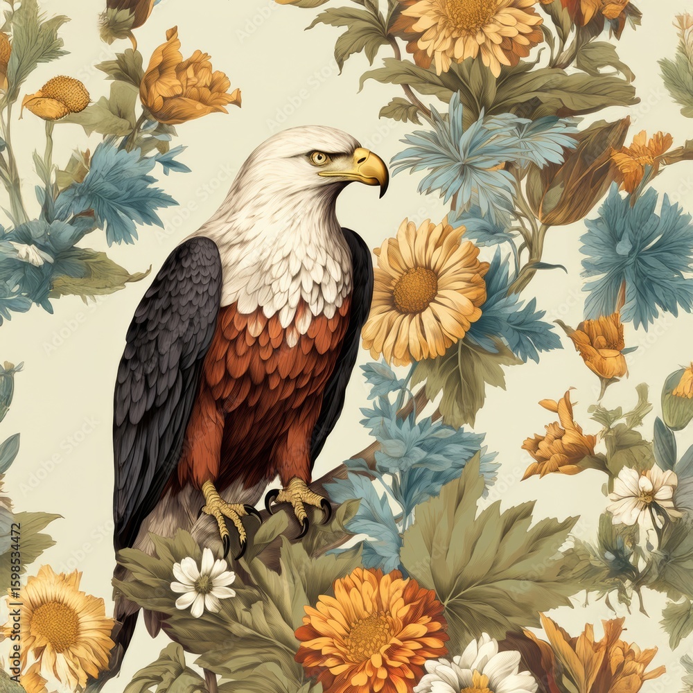 Fototapeta premium Close-up vibrant illustration bald eagle perched on branch, yellow-blue-white flowers, green foliage.