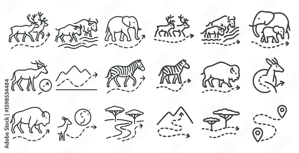 Obraz premium Collection of animal icons, including a zebra, a buffalo, and a deer, are arranged in a line. The icons are drawn in a simple, stylized manner, with each animal having a distinct shape and size