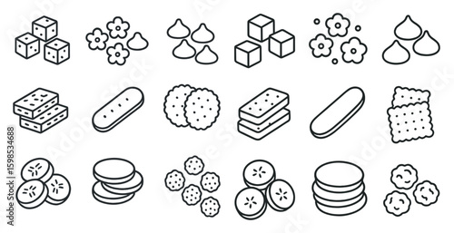Collection of various snacks and desserts, including cookies, crackers, and fruit. Concept of indulgence and variety, with a mix of sweet and savory treats