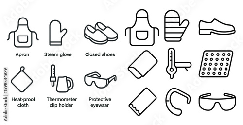Collection of kitchen tools and accessories such as a thermometer, apron, oven mitt, and a cup