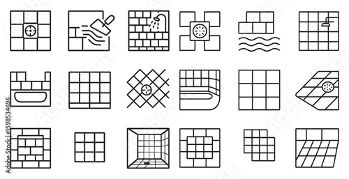 Series of black and white icons depicting various bathroom fixtures and accessories. The icons include a toilet, sink, shower, bathtub, and a shower head. Scene is that of a bathroom