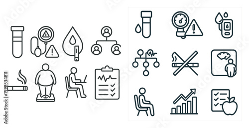 Set of icons for health and fitness. The icons include a person sitting at a desk, a person sitting in a chair, a person standing, a person on a scale, a person on a treadmill, a person on a bike