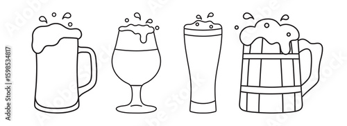 set of full mugs and glasses of frothy beer, splashes and drops, Oktoberfest, a simple black and white icon on an isolated background