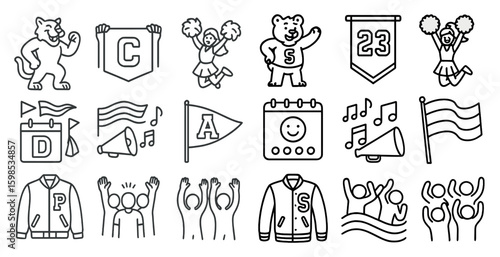Collection of cheerleading and sports related icons. The icons include a cheerleader, a football player, a bear, and a tiger
