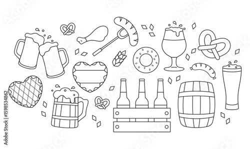 Oktoberfest, large vector set, traditional drinks and food, beer mugs, snacks, simple white black icons