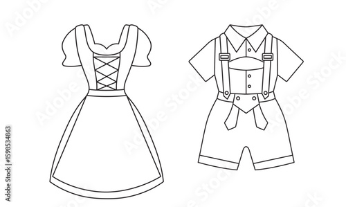 national Bavarian costume, Dirndl women's dress, lederhosen men's suit, oktoberfest, simple black and white icon on isolated background