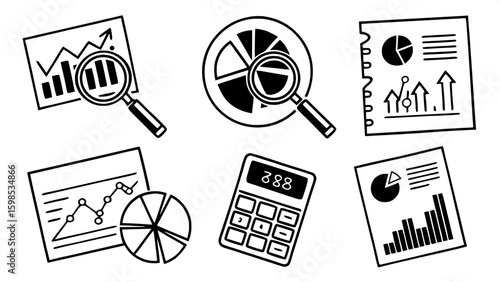 Minimalist black line icons of data analysis tools arranged in a grid, including charts under magnifying glasses, pie charts, spreadsheets, calculators, audit checklists, and statistical graphs. The s