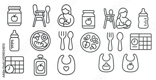 Series of baby food and feeding utensils. The concept is about feeding a baby and the mood is happy and nurturing