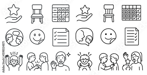 Collection of various icons, including a smiling face, a hand, a chair, and a star. These icons are arranged in a line, with some overlapping each other. The icons convey a sense of positivity