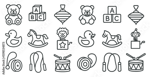Collection of various toys and games, such as a teddy bear, a drum, and a toy car. These items are often used for playtime and can be found in many households