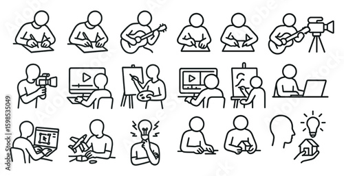 Series of drawings of people doing various activities, such as playing guitar, writing, and painting