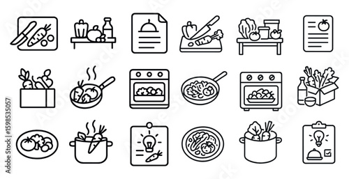 Set of food icons, including a knife, a bowl, a spoon, a box, a bottle, a pan, a pot, a bowl, a knife, a spoon, a box, a bottle, a pan, a bowl, a