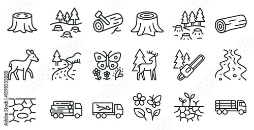 Series of icons depicting various aspects of nature, including trees, animals, and vehicles. The icons are drawn in a simple, stylized manner, with a focus on the overall theme of the image