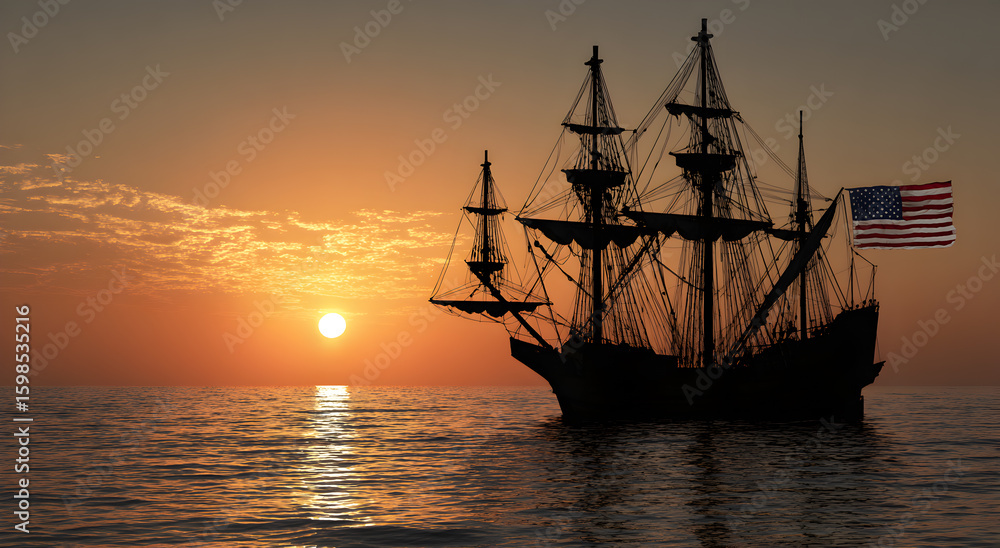 Obraz premium A large ship sails in the ocean with a flag on the mast