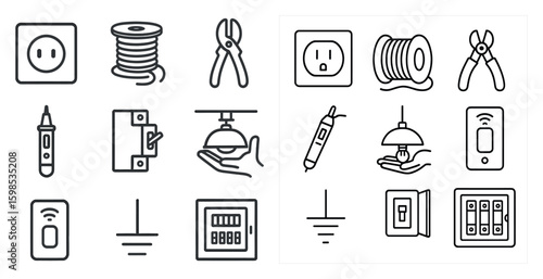 Set of icons for electrical tools and equipment. The icons include a pair of scissors, a pair of pliers, a wire cutter, a wire stripper, a wire nut, a wire crimper, a wire stripper