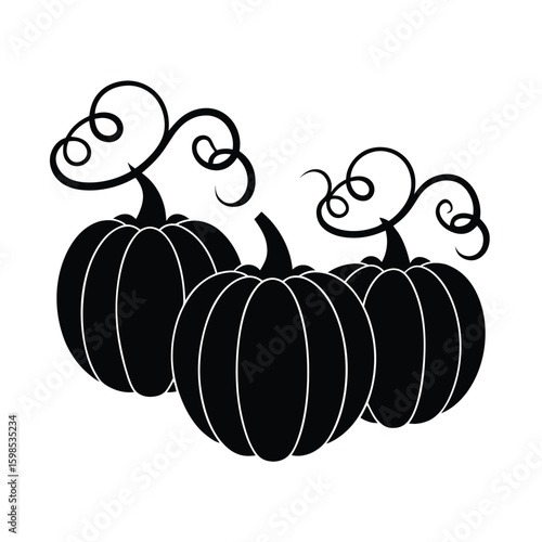Pumpkin trio with curly vine and leaf vector silhouette