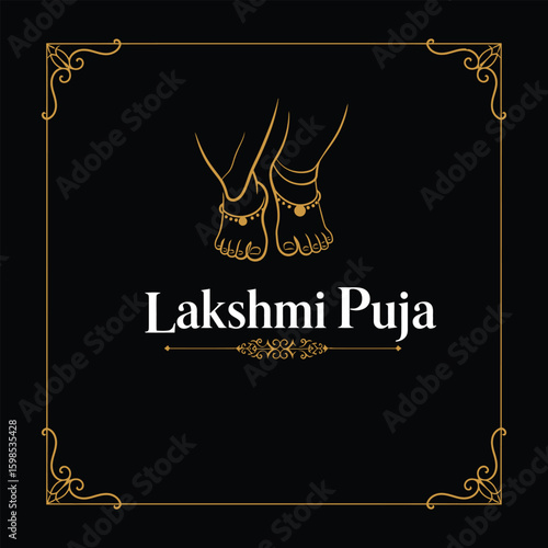 Lakshmi Puja Feet Vector Illustration with Ornamental Border on Black Background.