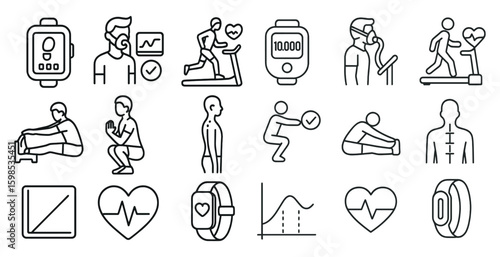Series of fitness icons including a heart, a watch, and a person doing a pushup