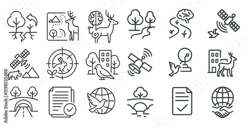 Collection of simple, minimalist icons that represent various aspects of nature and technology. These icons include a bird, a deer, a tree, a building, and a satellite