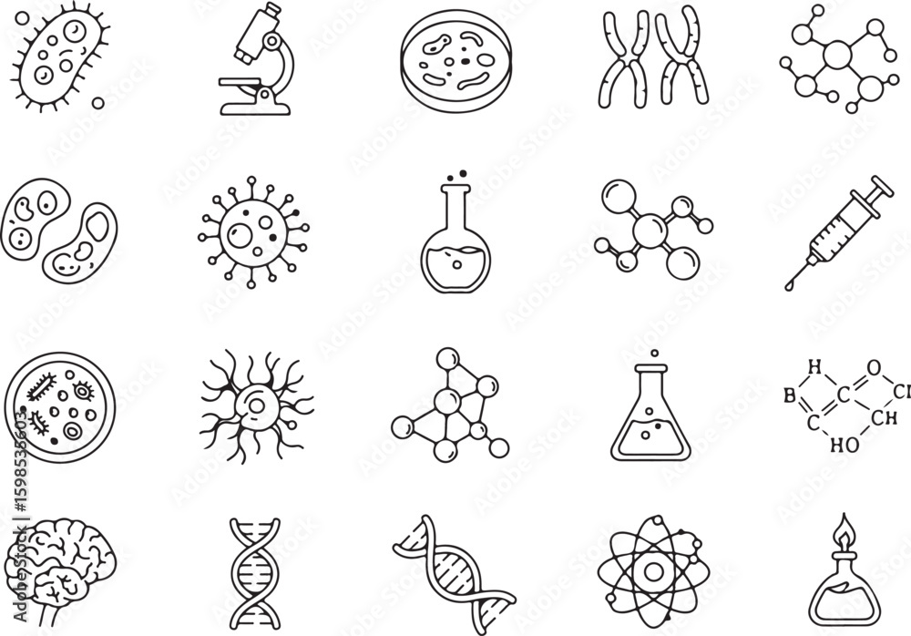 Naklejka premium Science icon set, biology and chemistry symbols, DNA, virus, microscope, neuron, atomic structures, petri dish, molecules, brain, cell division, syringe, flask graphics