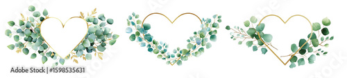 Heart-shaped leaf roses frame.  Rose floral wreath made of green foliage and eucalyptus branches. PNG clipart on transparent background.