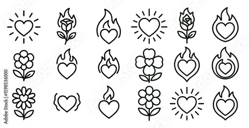 Collection of heart symbols with a flower and fire symbol. Scene is romantic and passionate