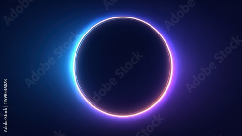 Futuristic neon ring glowing with vibrant blue and purple light against a dark cosmic background, abstract science fiction concept