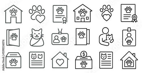 Set of icons for a pet adoption center. The icons include a cat, a house, a person, a house, a house, a house, a house, a house, a house, a house, a house, a house