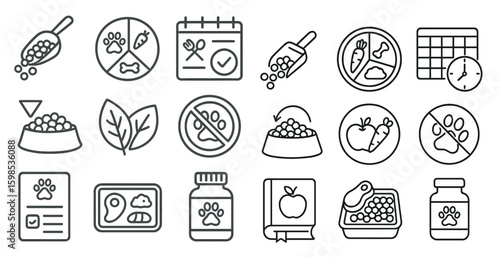 Set of food and pet related icons. The icons include a bowl, a book, a carrot, a dog, a cat, a spoon, a plate, a carrot, a book, a carrot, a book, a carrot