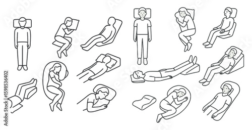Series of people in various positions, including sleeping, laying down, and sitting. Concept of relaxation and comfort