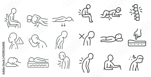 Series of images depicting various positions for the neck and back. The images are in black and white and are stylized