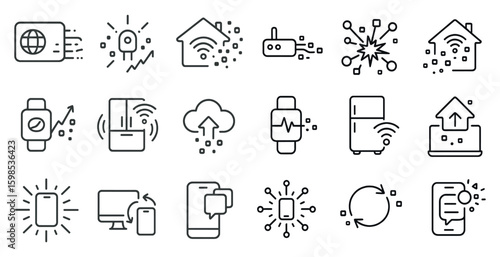 Collection of icons for smart home devices such as a smart watch, smart refrigerator, smart oven, smart TV, smart speaker, and smart light